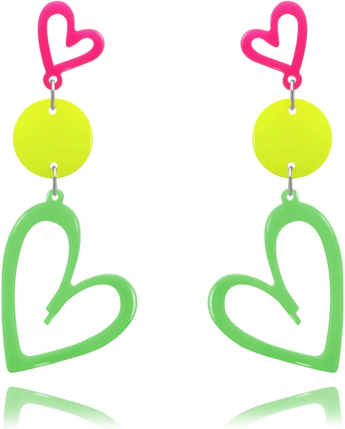 RechicGu 80s 90s Neon Heart Hoop Earrings for Glow Party, 70s Retro Outfit Jewelry Accessories Gift for Women,Acrylic Round Drop Dangle Earring for Halloween Costume Rose Red Green Yellow
