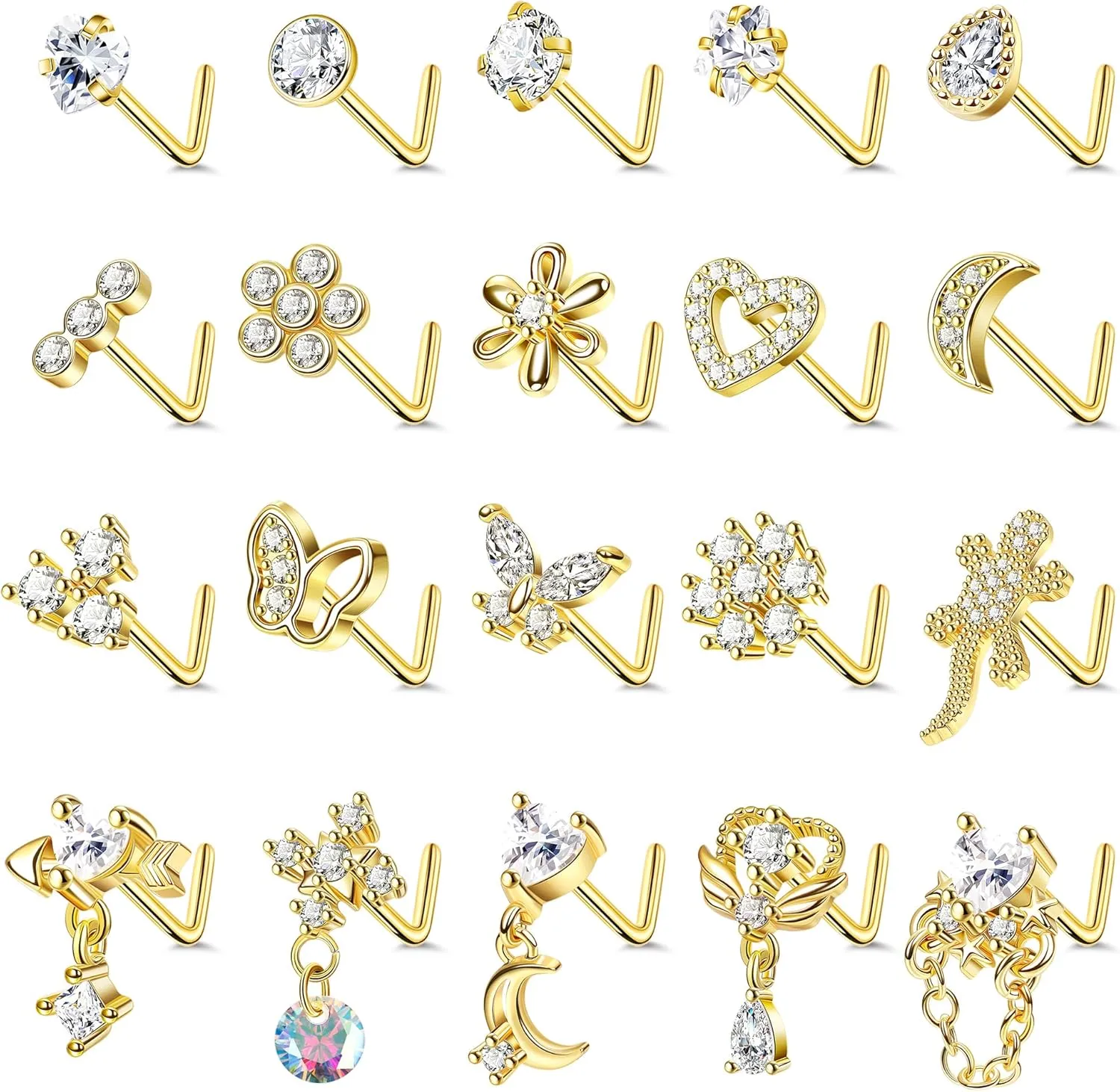 REVOLIA 20Pcs 20G Surgical Steel Dangle Nose Rings L Shaped Nose Ring Studs for Women Men CZ Heart Moon Dangling Flower Butterfly Nose Piercing Jewelry