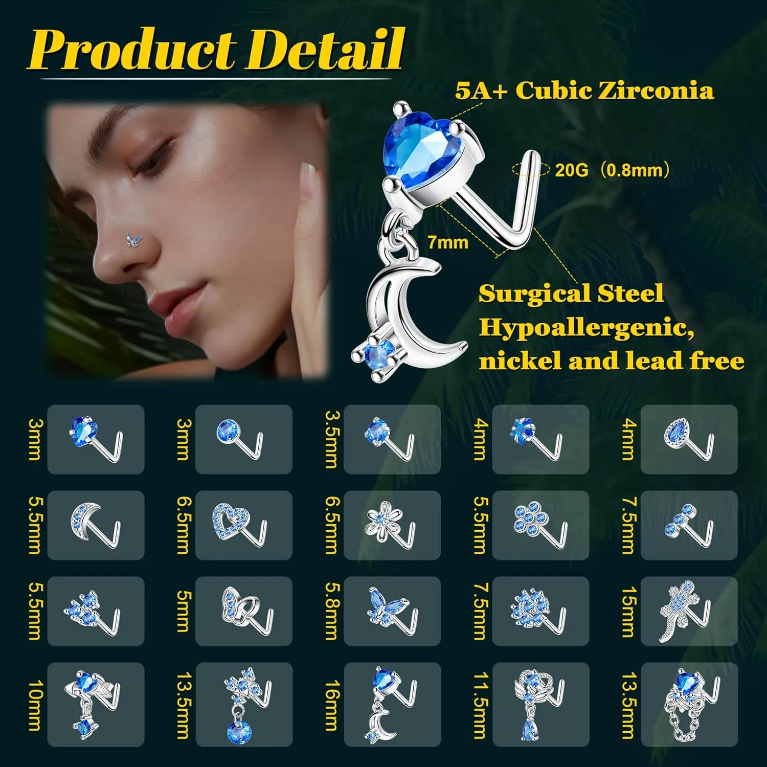 REVOLIA 20Pcs 20G Surgical Steel Dangle Nose Rings L Shaped Nose Ring Studs for Women Men CZ Heart Moon Dangling Flower Butterfly Nose Piercing Jewelry