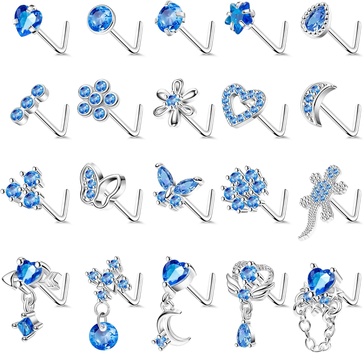REVOLIA 20Pcs 20G Surgical Steel Dangle Nose Rings L Shaped Nose Ring Studs for Women Men CZ Heart Moon Dangling Flower Butterfly Nose Piercing Jewelry
