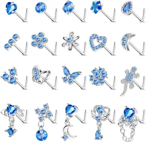REVOLIA 20Pcs 20G Surgical Steel Dangle Nose Rings L Shaped Nose Ring Studs for Women Men CZ Heart Moon Dangling Flower Butterfly Nose Piercing Jewelry