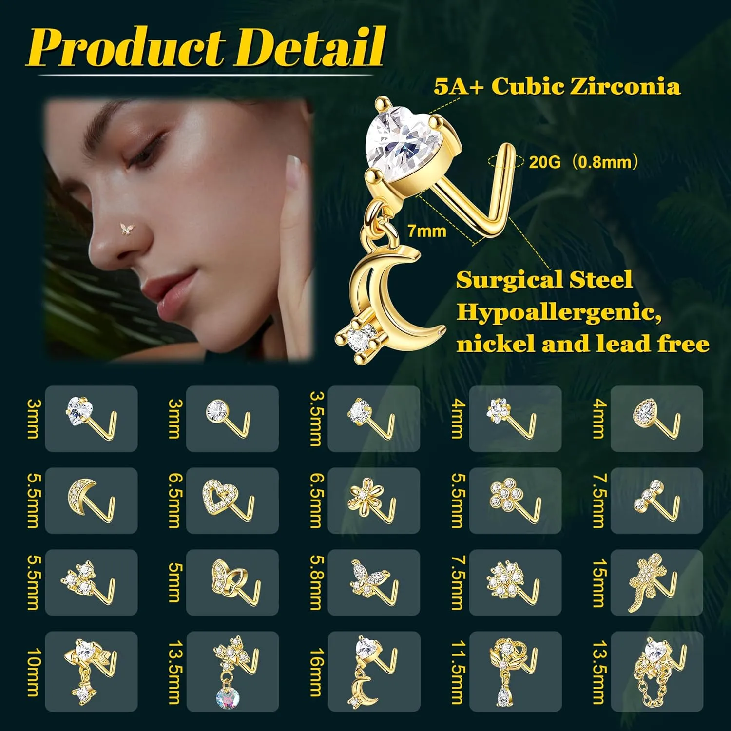 REVOLIA 20Pcs 20G Surgical Steel Dangle Nose Rings L Shaped Nose Ring Studs for Women Men CZ Heart Moon Dangling Flower Butterfly Nose Piercing Jewelry