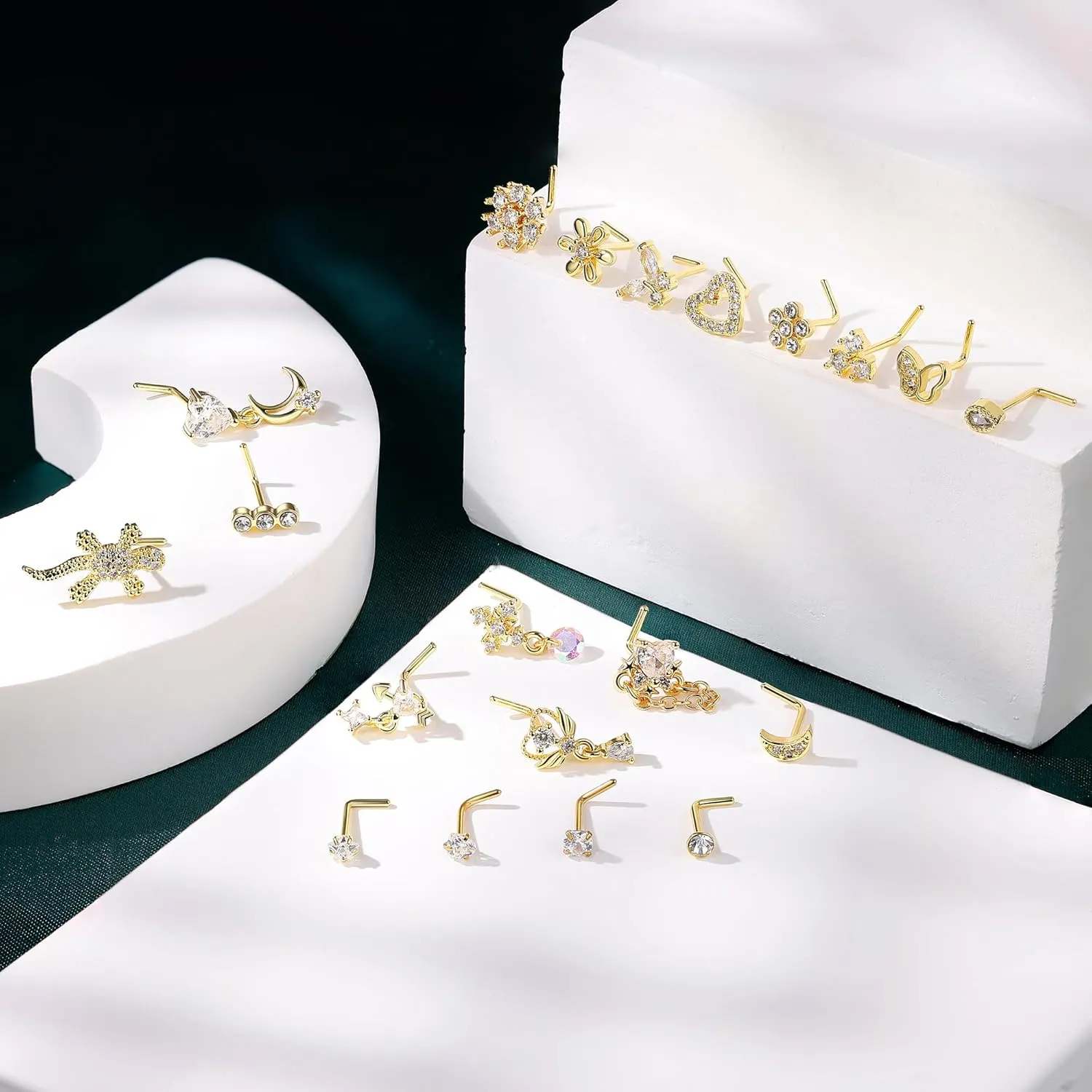 REVOLIA 20Pcs 20G Surgical Steel Dangle Nose Rings L Shaped Nose Ring Studs for Women Men CZ Heart Moon Dangling Flower Butterfly Nose Piercing Jewelry