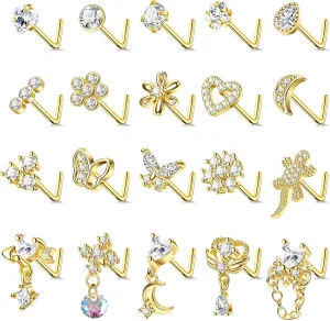 REVOLIA 20Pcs 20G Surgical Steel Dangle Nose Rings L Shaped Nose Ring Studs for Women Men CZ Heart Moon Dangling Flower Butterfly Nose Piercing Jewelry