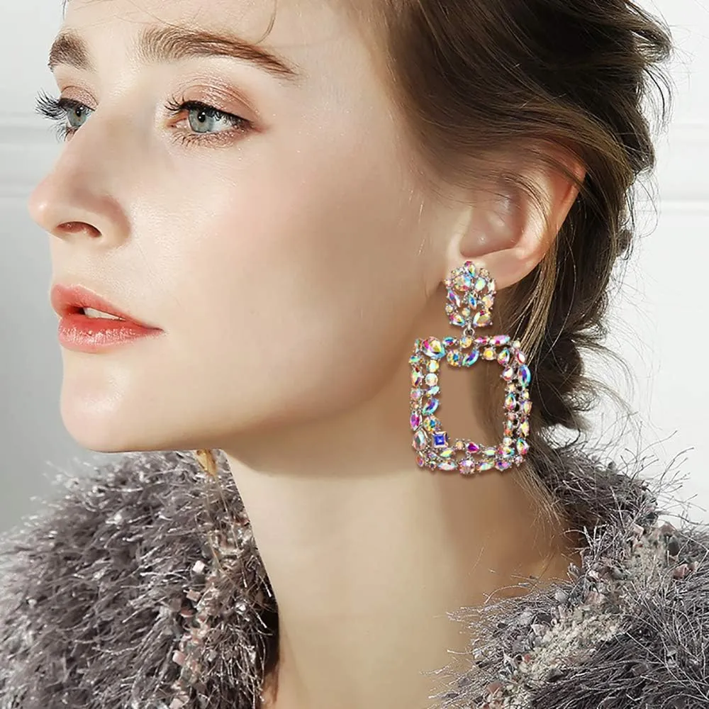 Rhinestone Crystal Geometric Earrings for Women, Statement Square Drop Dangle Chandelier Costume Jewelry