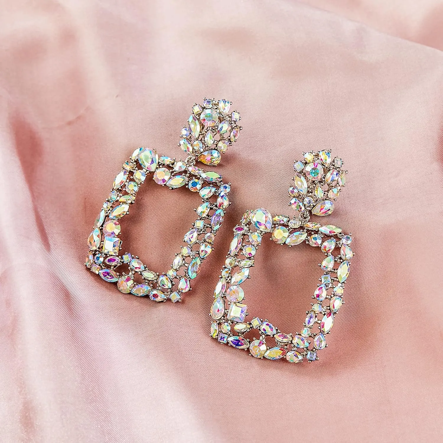Rhinestone Crystal Geometric Earrings for Women, Statement Square Drop Dangle Chandelier Costume Jewelry