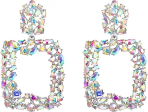 Rhinestone Crystal Geometric Earrings for Women, Statement Square Drop Dangle Chandelier Costume Jewelry