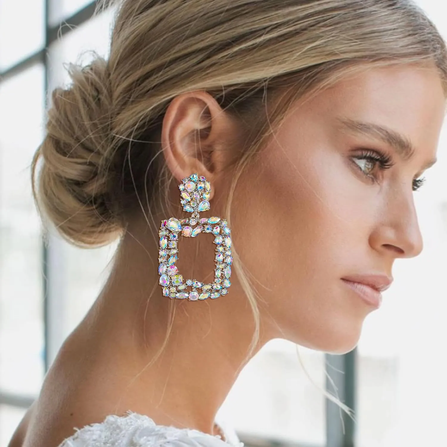 Rhinestone Crystal Geometric Earrings for Women, Statement Square Drop Dangle Chandelier Costume Jewelry
