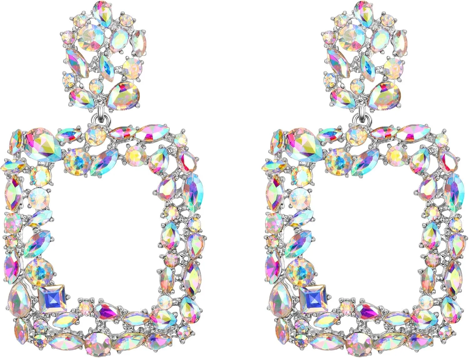Rhinestone Crystal Geometric Earrings for Women, Statement Square Drop Dangle Chandelier Costume Jewelry