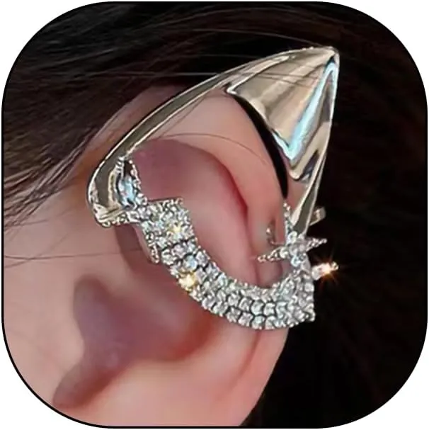Rhinestone Elf Cuff Wrap Earrings for Women,Chunky Silver Plated Crystal Cartilage Ear Clips Earrings,Minimalist Zircon Elf Clip On Earrings Accessory