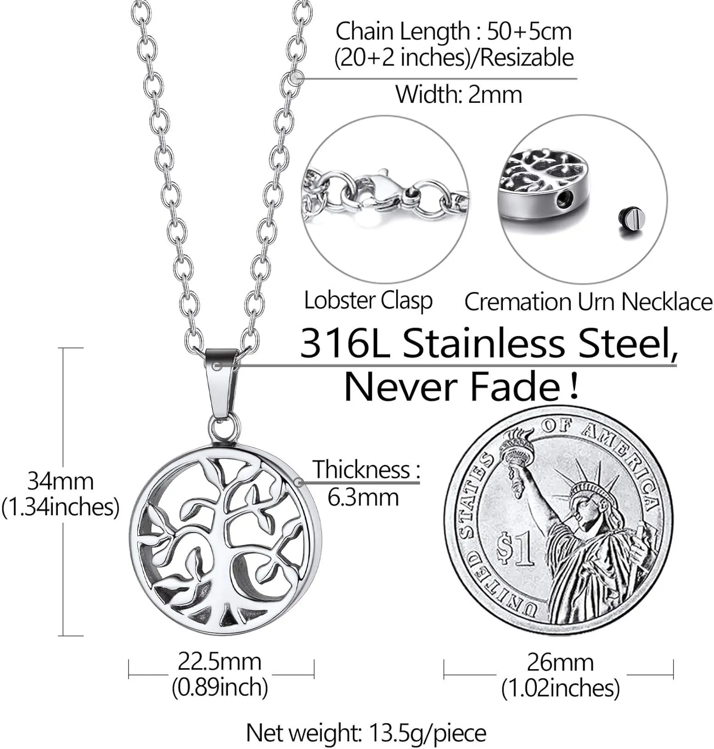 Richsteel Urn Necklaces for Ashes for Women Men Cremation Pendant Necklace for Ashes Stainless Steel Memorial Jewelry