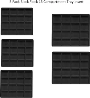 RJ Displays 5-Pack Black 16 Compartment Half Size Jewelry Display Inserts to showcase Rings, Pendants, Coin, Watch Parts, Jewelry Findings, Gem Stones stackable inserts