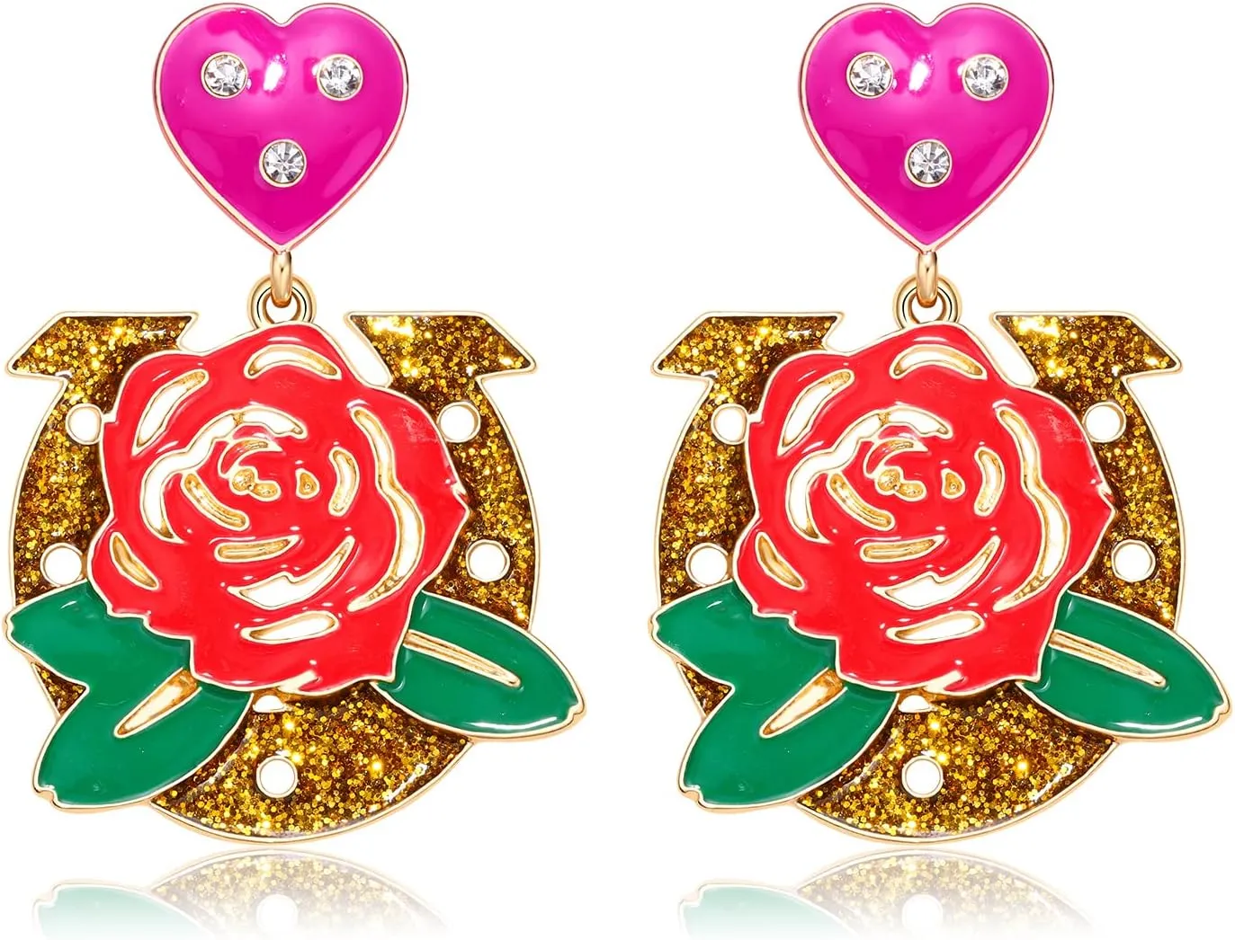 Rose Horseshoe Earrings Glittered Flower Drop Dangle Earrings Fun Western Country Statement Rodeo Dangling Earrings Jewelry Gifts for Women