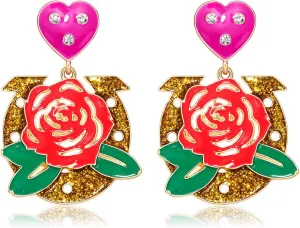 Rose Horseshoe Earrings Glittered Flower Drop Dangle Earrings Fun Western Country Statement Rodeo Dangling Earrings Jewelry Gifts for Women