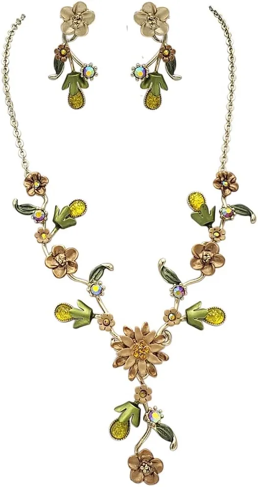 Rosemarie & Jubalee Women's Stunning Gold Tone 3D Metal Flowers With Colorful Resin And Crystal Vine Necklace And Clip On Earrings Gift Set, 16" 3" Extension