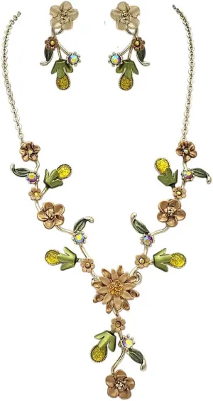 Rosemarie & Jubalee Women's Stunning Gold Tone 3D Metal Flowers With Colorful Resin And Crystal Vine Necklace And Clip On Earrings Gift Set, 16" 3" Extension
