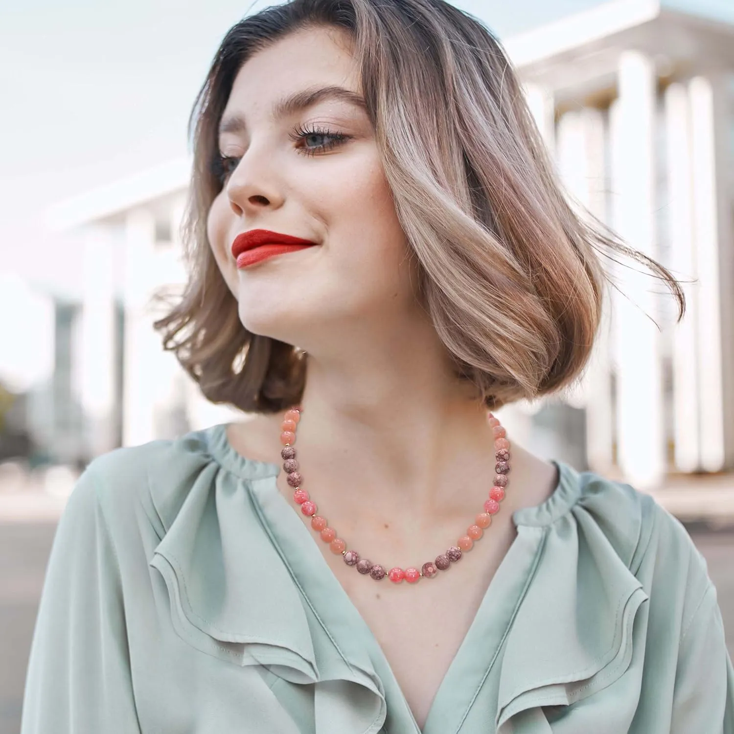 Round Beaded Gemstone BOHO Necklaces for Women,Natural Cherry Jasper Stone Bead Choker Necklace,Womens Fashion Colorful Jewelry 18inch