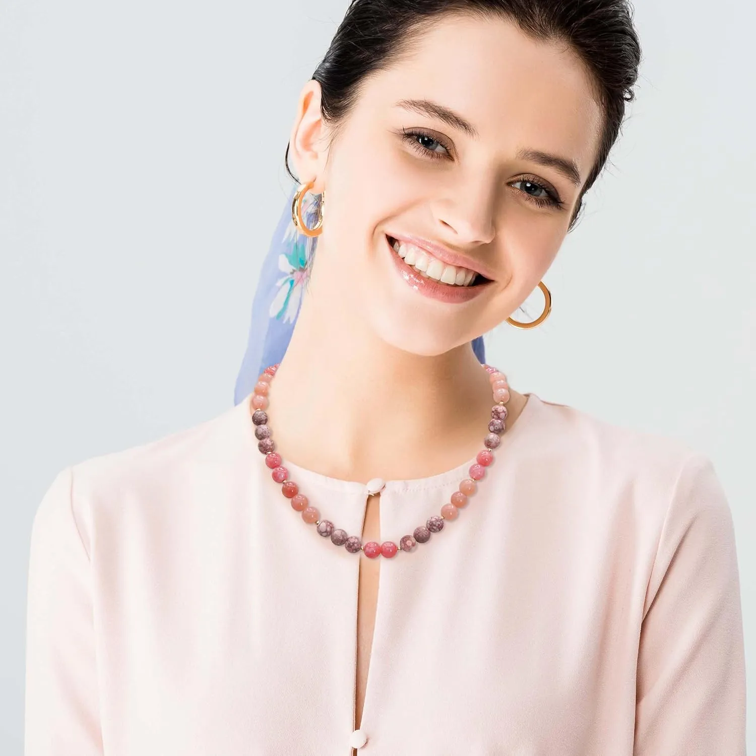 Round Beaded Gemstone BOHO Necklaces for Women,Natural Cherry Jasper Stone Bead Choker Necklace,Womens Fashion Colorful Jewelry 18inch