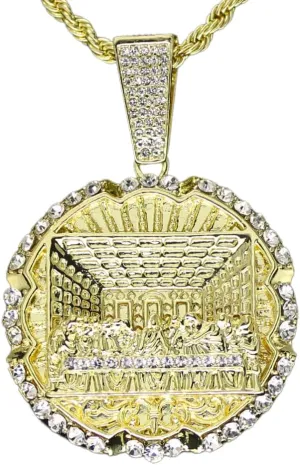 Round Iced Large Last Supper CZ Pendant 14k Gold Plated 24" Rope Chain Necklace Jewelry