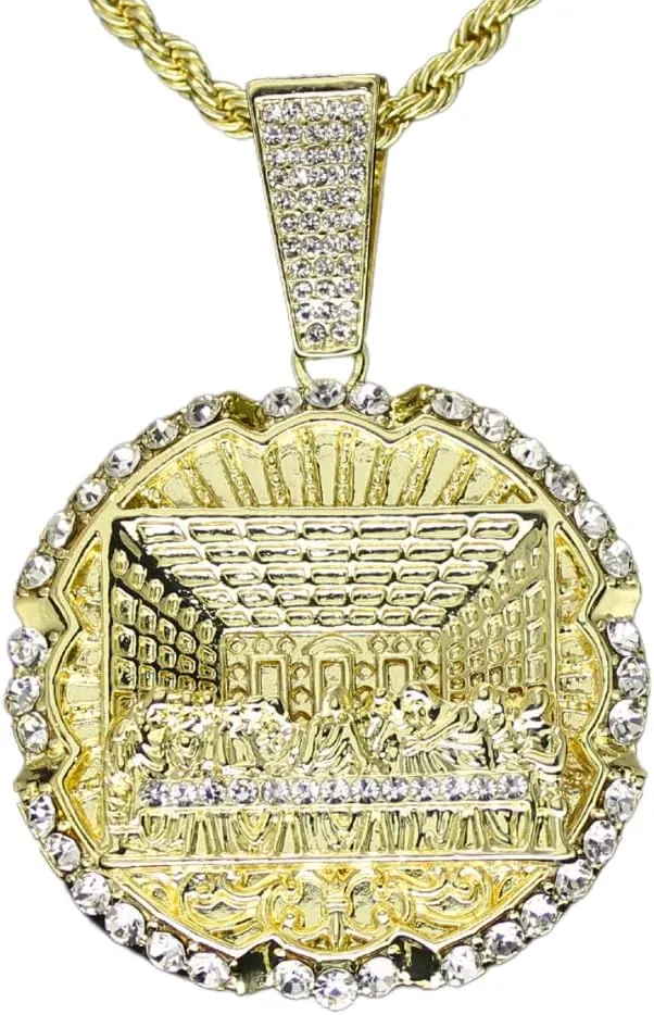 Round Iced Large Last Supper CZ Pendant 14k Gold Plated 24" Rope Chain Necklace Jewelry