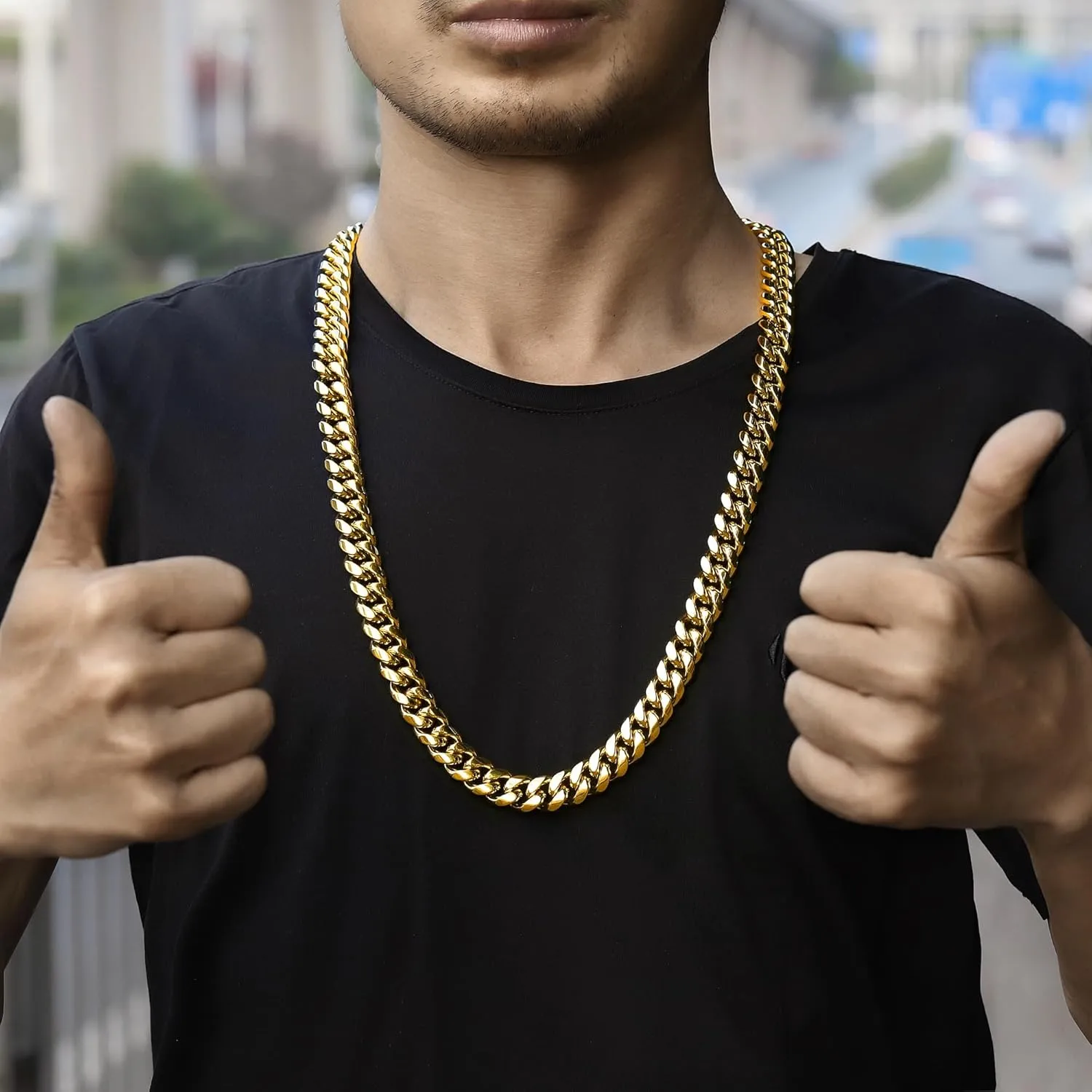 ROWIN&CO Miami Cuban Link Chain for Men 15mm 18k Gold Stainless Steel Curb Necklace, Hip Hop Jewelry, Durable & Anti-Tarnish Mens Chain 18" 20" 22" 30" Inch, Pops Gifts For Fathers Boyfriends, Sons