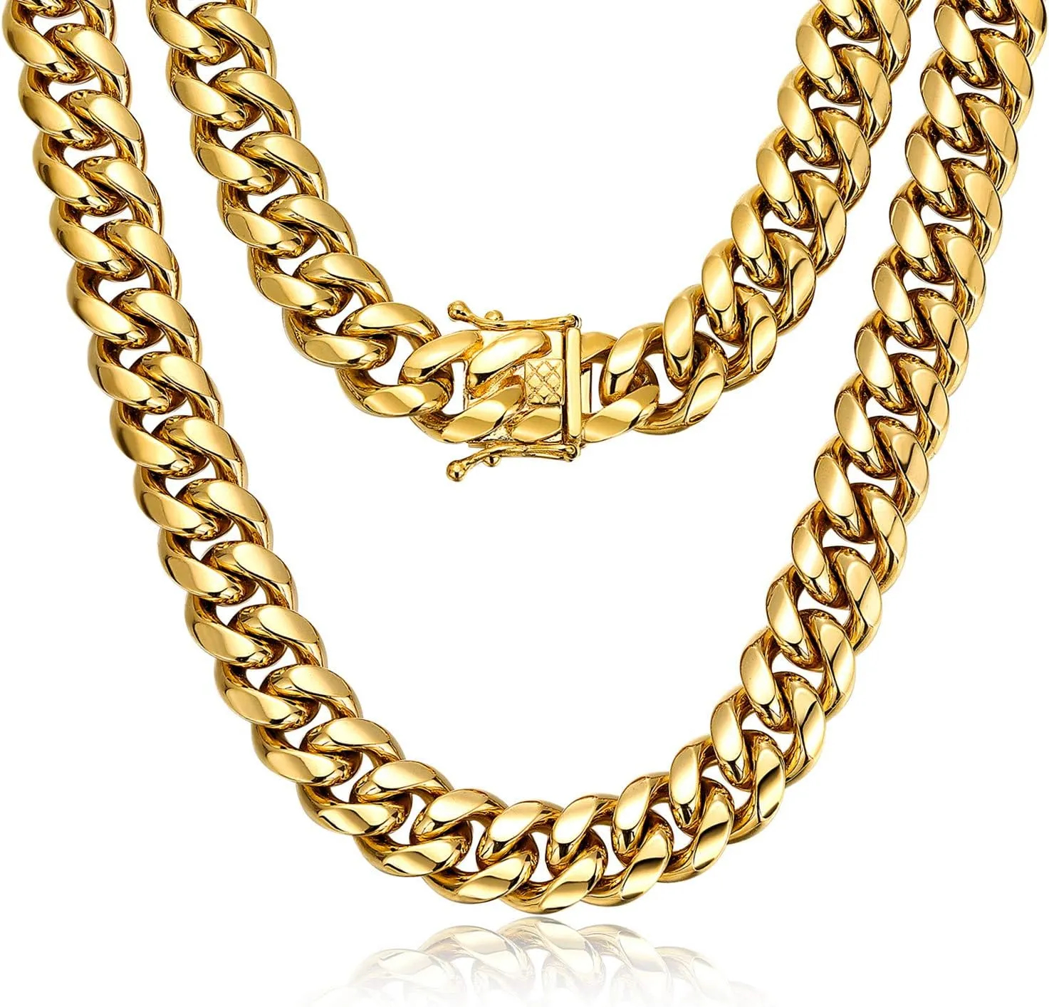 ROWIN&CO Miami Cuban Link Chain for Men 15mm 18k Gold Stainless Steel Curb Necklace, Hip Hop Jewelry, Durable & Anti-Tarnish Mens Chain 18" 20" 22" 30" Inch, Pops Gifts For Fathers Boyfriends, Sons