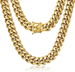 ROWIN&CO Miami Cuban Link Chain for Men 15mm 18k Gold Stainless Steel Curb Necklace, Hip Hop Jewelry, Durable & Anti-Tarnish Mens Chain 18" 20" 22" 30" Inch, Pops Gifts For Fathers Boyfriends, Sons
