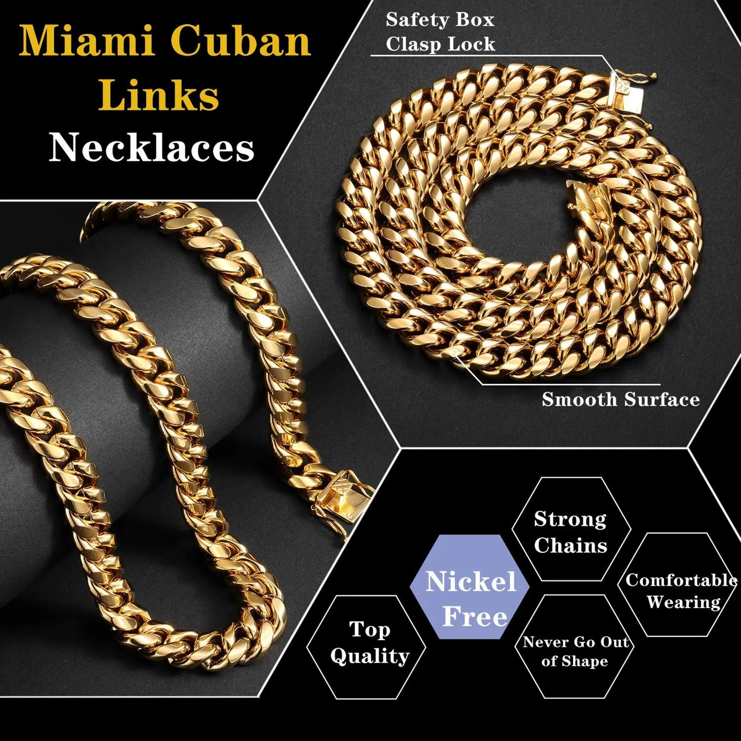 ROWIN&CO Miami Cuban Link Chain for Men 15mm 18k Gold Stainless Steel Curb Necklace, Hip Hop Jewelry, Durable & Anti-Tarnish Mens Chain 18" 20" 22" 30" Inch, Pops Gifts For Fathers Boyfriends, Sons