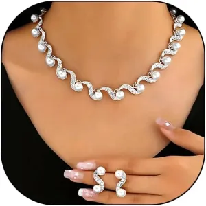 Rrdaily Rhinestone Pearl Wedding Jewelry Set for Women Bohemia Adjustable Crystal Zircon Pearl Dangle Earring Minimalist Pearl Necklace for Bride Bridesmaid