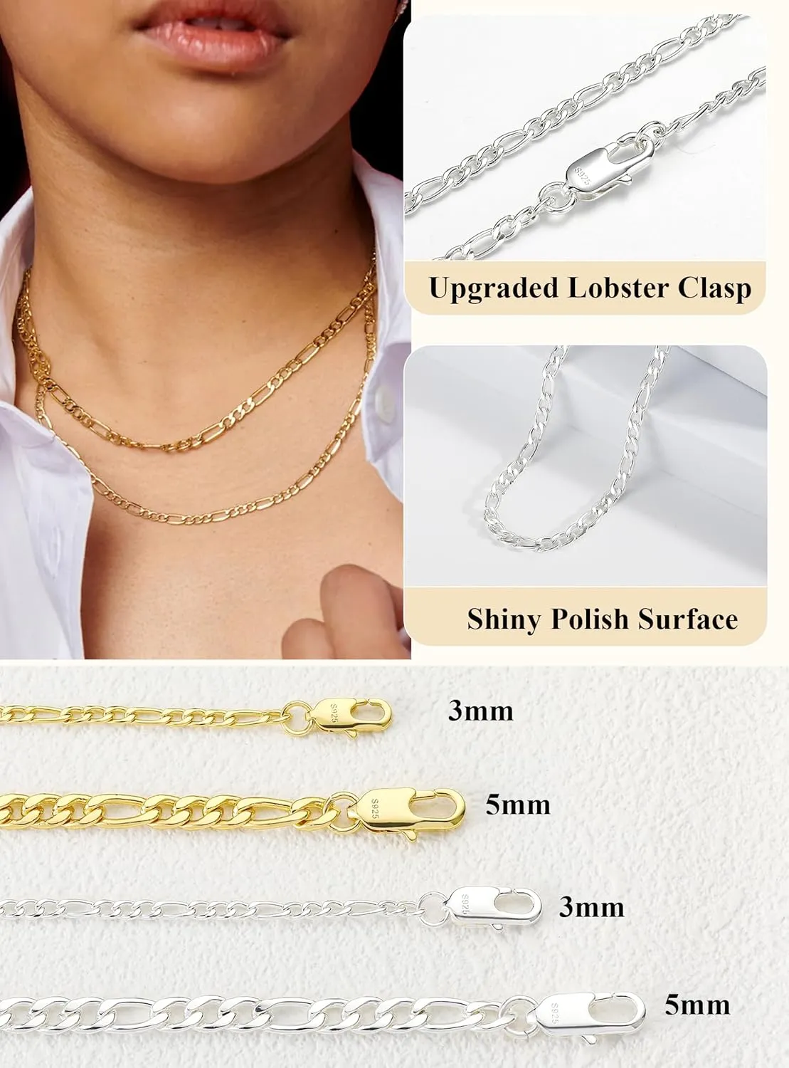 S925 Sterling Silver Figaro Chain Necklace for Women Girls 3mm/5mm Thick Sturdy & Colourfast Women's Chain Necklaces Jewelery for Women Girls 14/16/18/20/22/24/Inch