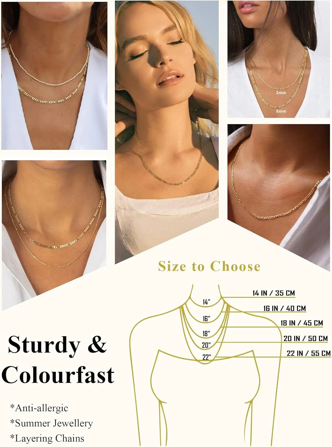 S925 Sterling Silver Figaro Chain Necklace for Women Girls 3mm/5mm Thick Sturdy & Colourfast Women's Chain Necklaces Jewelery for Women Girls 14/16/18/20/22/24/Inch
