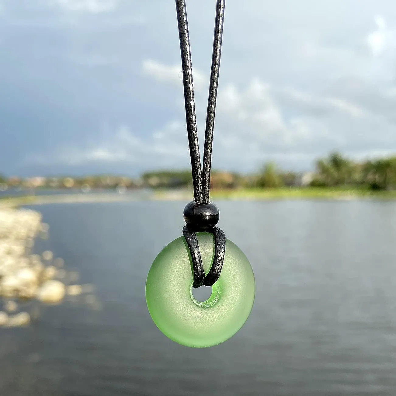 Sea Glass Jewelry - I am Happy Series - Classic Lucky Donut Necklace - Hawaiian Style Crystal Charm - Protection and Good Luck Amulet - Beach Jewelry for Women and Men - Handmade with Love