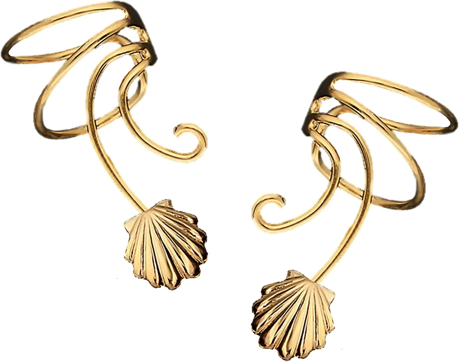 Sea Shell Pair Non-pierced Wave Ear Cuff Earring Gold On Sterling