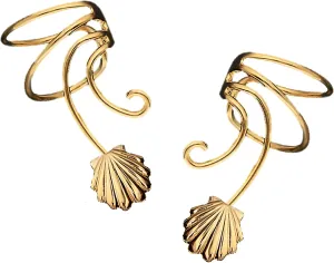 Sea Shell Pair Non-pierced Wave Ear Cuff Earring Gold On Sterling