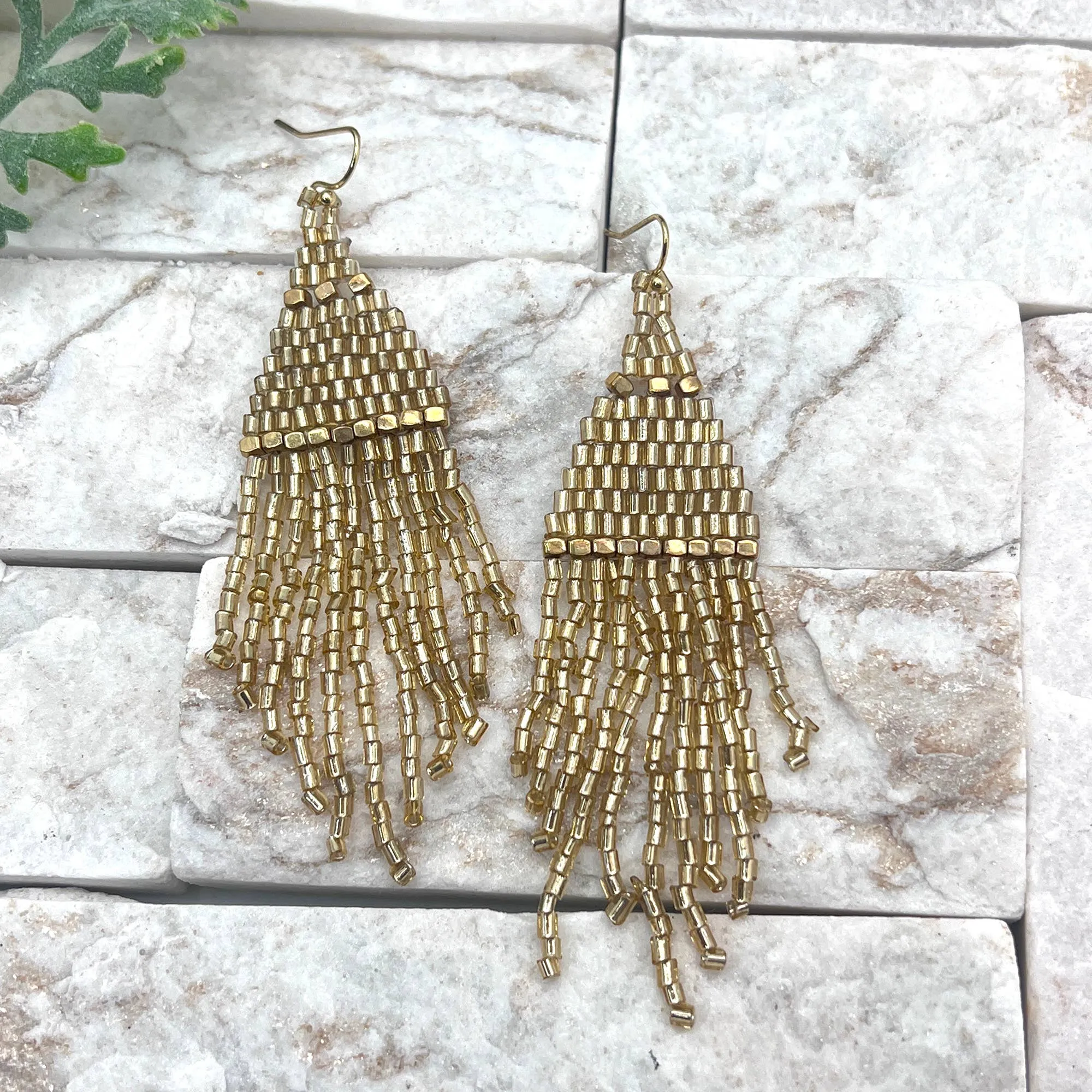 Seedbead Tapered Fringe Earrings - Shimmering Gold