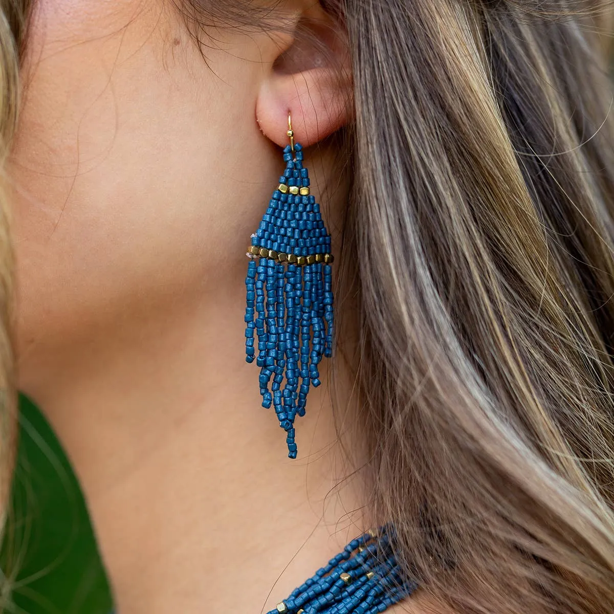Seedbead Tapered Fringe Earrings - Shimmering Gold