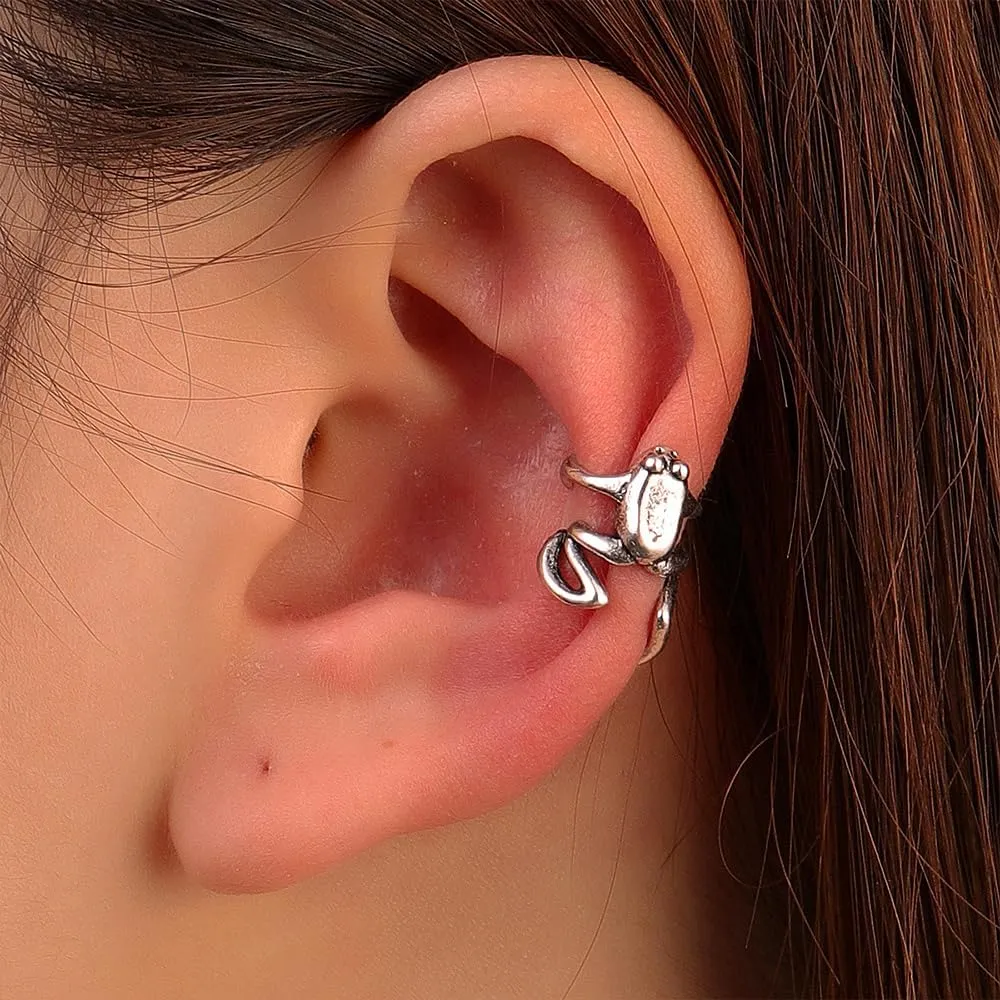 Silver Frog Wrap Ear Cuff Earrings, Fun Non Piercing Unique Animal Stuff Ear Clip Earrings, Cute Punk Cartoon Statement Jewelry Gifts for Women