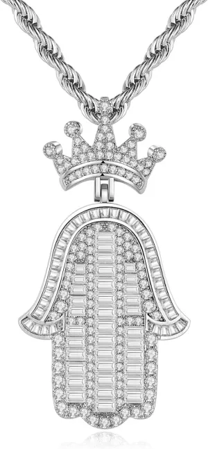 Silver Hamsa Necklace for Men with Crown Pendant - 24inch Stainless Steel Rope Chain Iced Out Pendants with Fatima Hand Fashion Hiphop Jewelry Personalized Gift