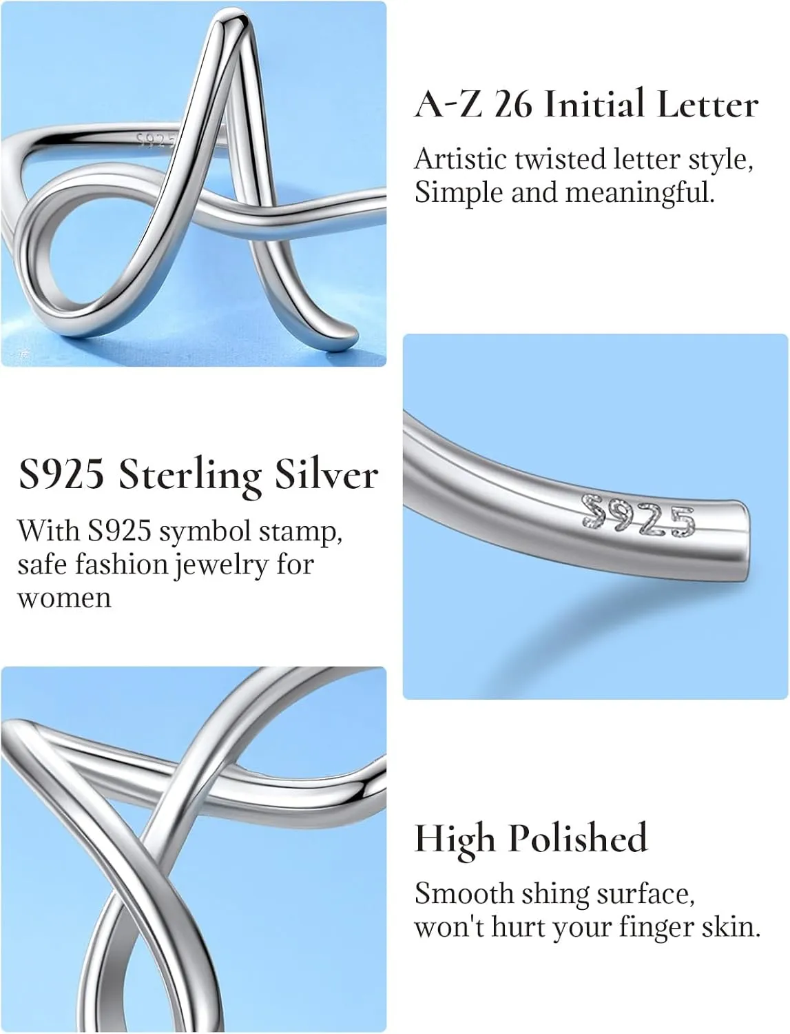 SILVERCUTE S925 Initial Rings, Adjustable Size 6-12 Statement Alphabet Letter A-Z Jewelry Personalized Twisted Initials Rings Sterling Silver Stacking Ring for Women