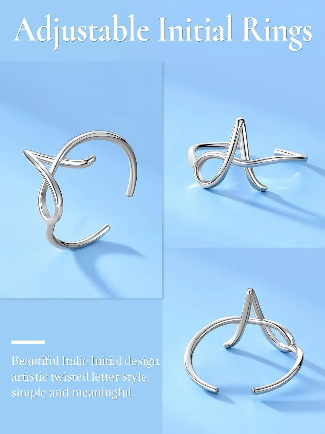 SILVERCUTE S925 Initial Rings, Adjustable Size 6-12 Statement Alphabet Letter A-Z Jewelry Personalized Twisted Initials Rings Sterling Silver Stacking Ring for Women