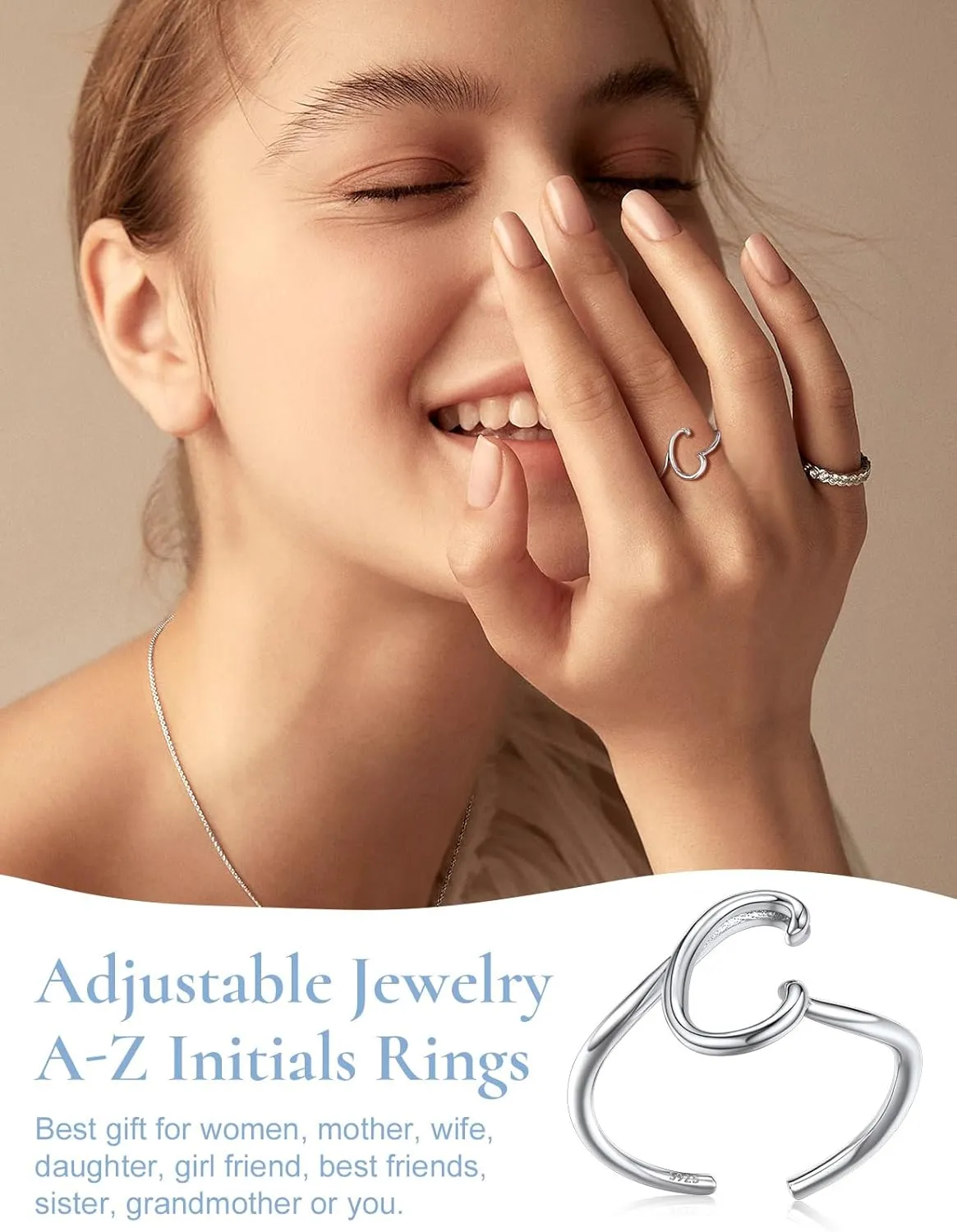 SILVERCUTE S925 Initial Rings, Adjustable Size 6-12 Statement Alphabet Letter A-Z Jewelry Personalized Twisted Initials Rings Sterling Silver Stacking Ring for Women