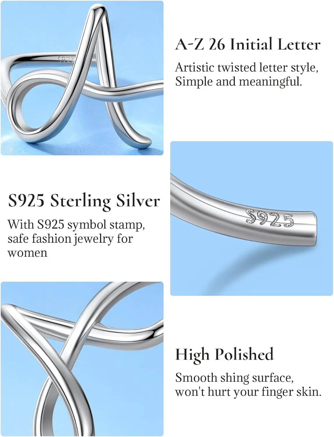 SILVERCUTE S925 Initial Rings, Adjustable Size 6-12 Statement Alphabet Letter A-Z Jewelry Personalized Twisted Initials Rings Sterling Silver Stacking Ring for Women