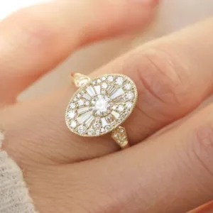 SilverDia 2 Ct Round Diamond Vintage Style Milgrain Oval Shepe Cluster Engagement Ring For Women 14K Gold Plated Double Halo Artistic Jewelry 925 Sterling Silver Handmade Anniversary Ring