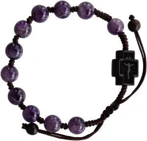 Sine Cera Amethyst/Jujube Wood 1 Decade Catholic Rosary Bracelet for Women, Double-sided Laser Engraved Centerpiece with Crucifix/Madonna with Child, Adjustable Corded Design, Smooth 8mm Beads