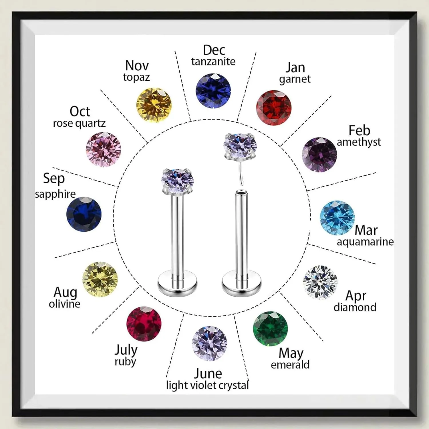 Sliver Birthstone Nose Stud, 3mm Stainless Steel Earrings Tragus Piercing Jewelry, 20g Hypoallergenic Handmade Small Nose Rings Studs for Women Men Flat Back Nose Stud Jewelry