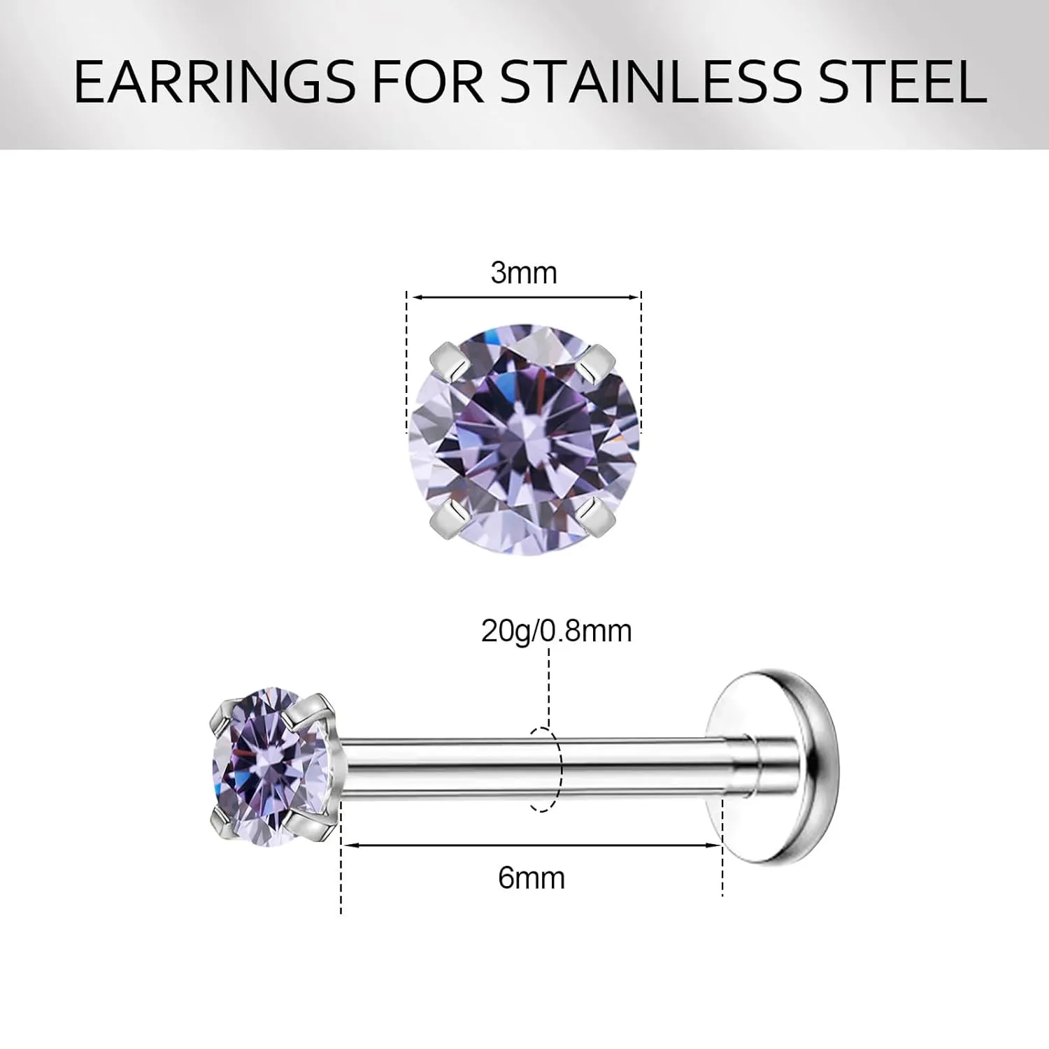 Sliver Birthstone Nose Stud, 3mm Stainless Steel Earrings Tragus Piercing Jewelry, 20g Hypoallergenic Handmade Small Nose Rings Studs for Women Men Flat Back Nose Stud Jewelry