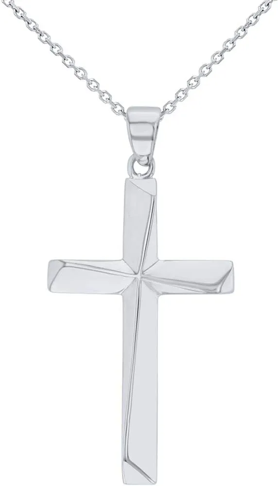Solid 14K White Gold Elegant Religious Plain Cross Pendant Necklace