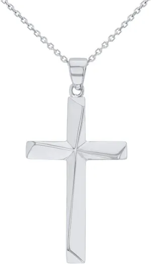 Solid 14K White Gold Elegant Religious Plain Cross Pendant Necklace