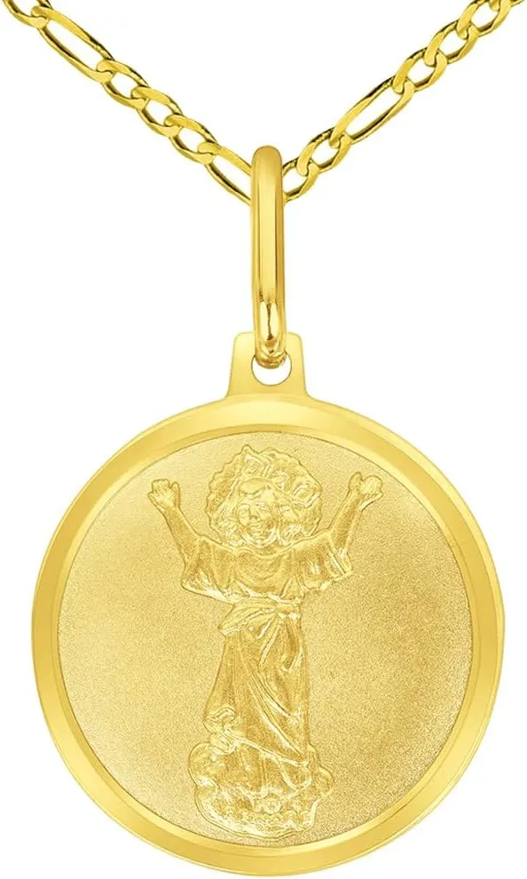 Solid 14k Yellow Gold Divino Nio Divine Jesus Round Medal Pendant with Cable, Cuban Curb, or Figaro Chain Necklaces