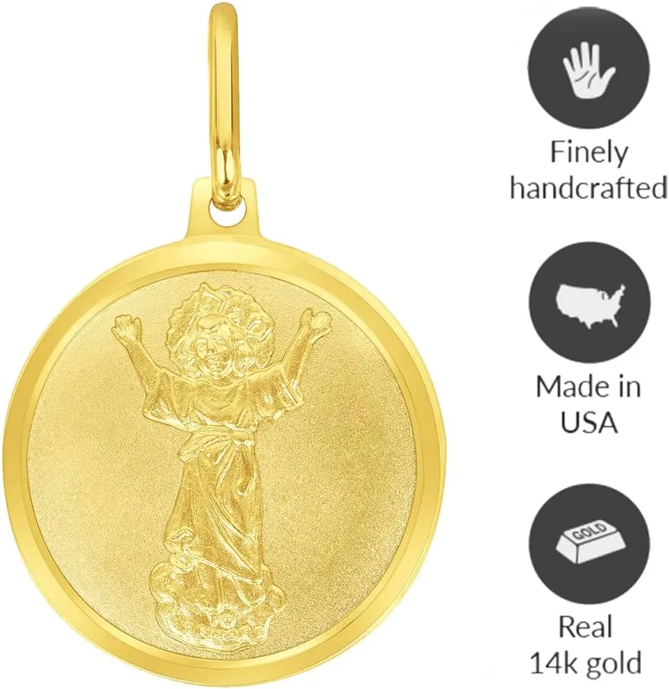 Solid 14k Yellow Gold Divino Nio Divine Jesus Round Medal Pendant with Cable, Cuban Curb, or Figaro Chain Necklaces